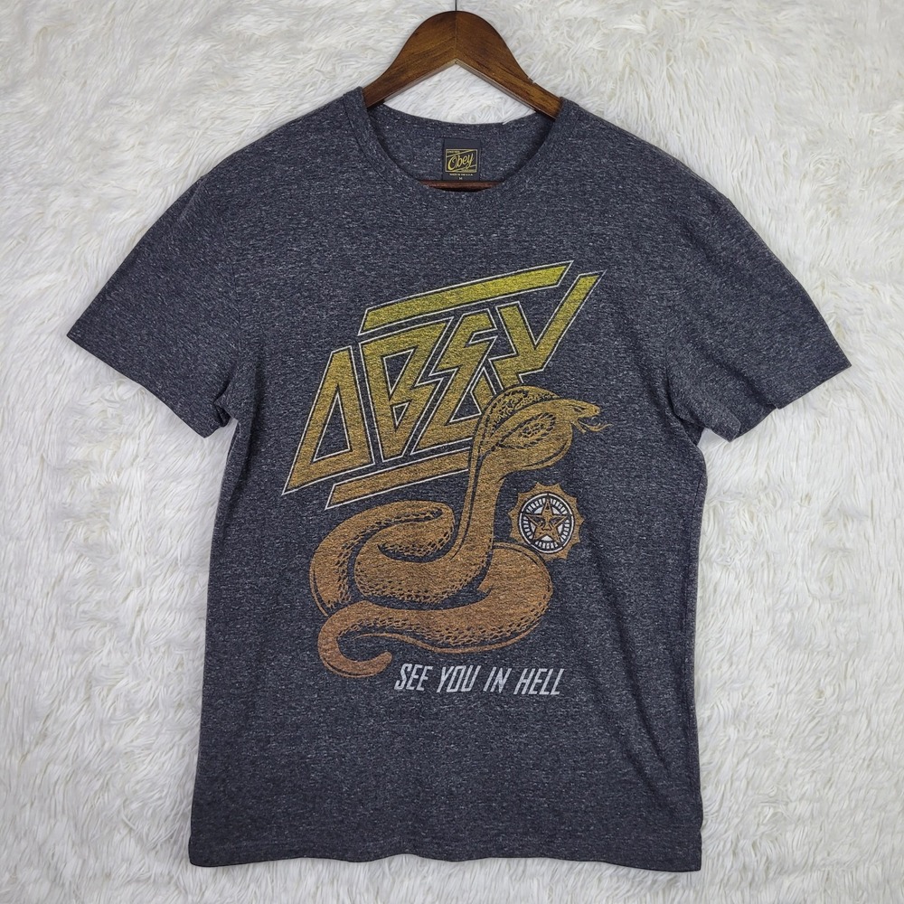 Obey See You In Hell Cobra Snake Graphic‎ T-Shirt Gray Heather Mens Medium USA